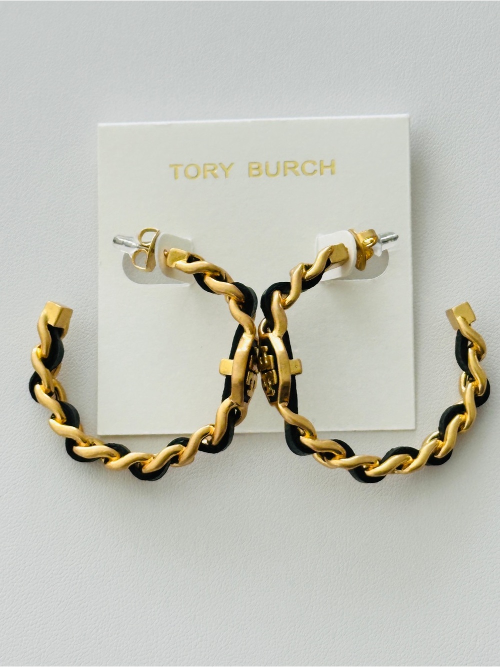 Tory Burch Black and Gold Chain Hoop Earrings